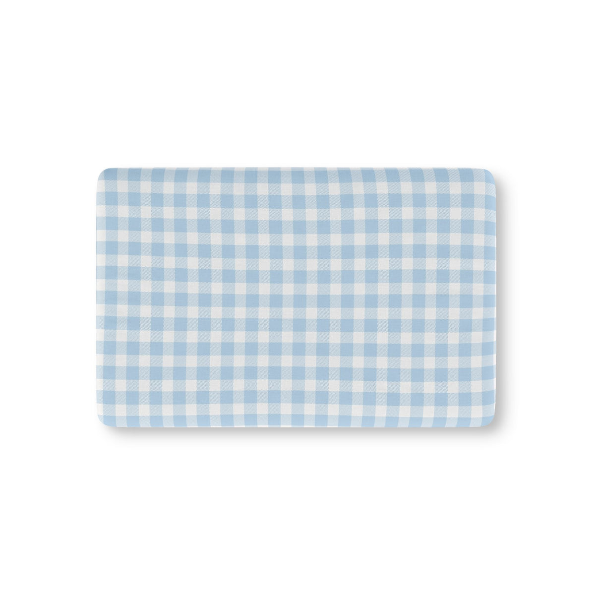 Baby Blue Gingham fitted crib sheet on a nursery crib mattress