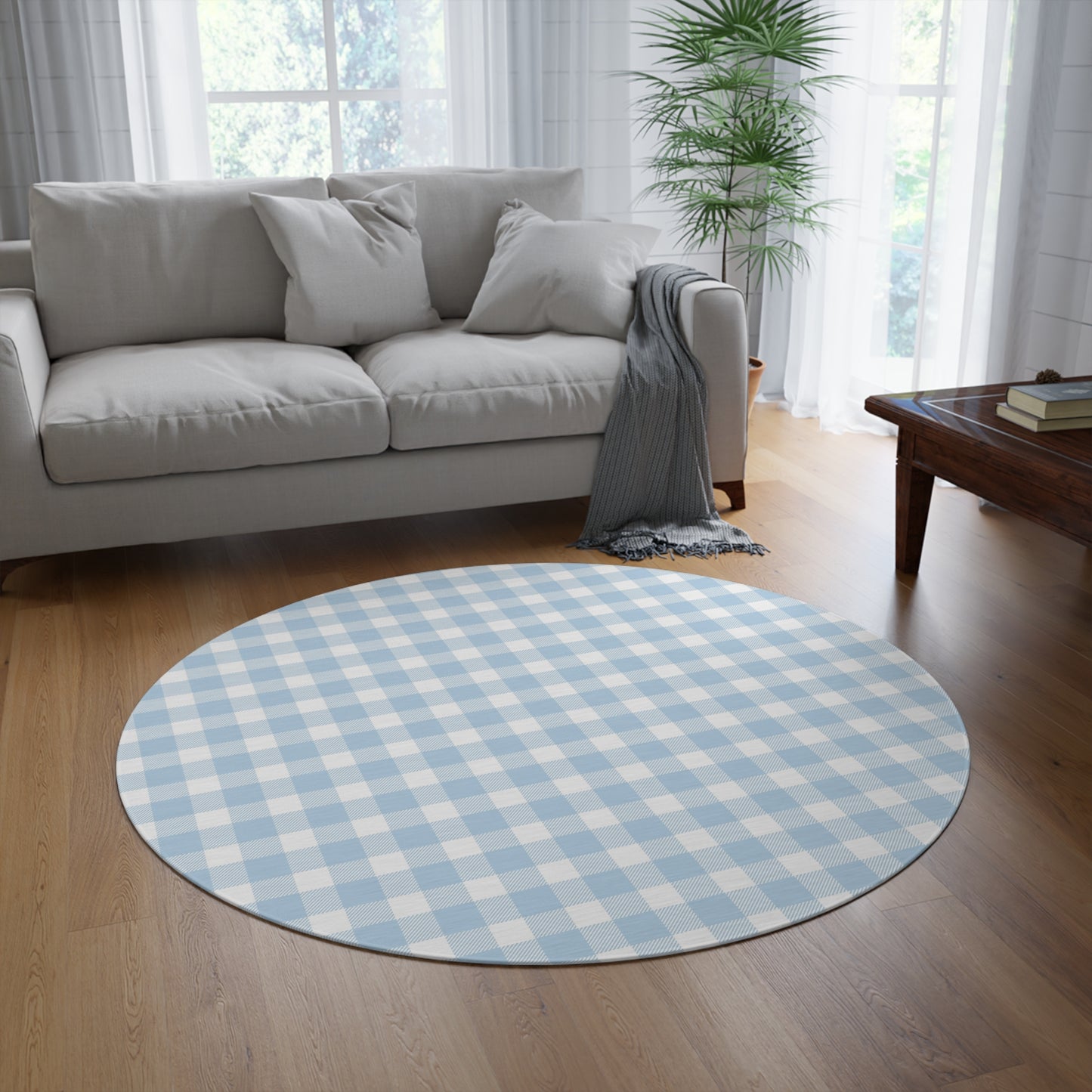 Baby Blue Gingham Nursery Round Rug