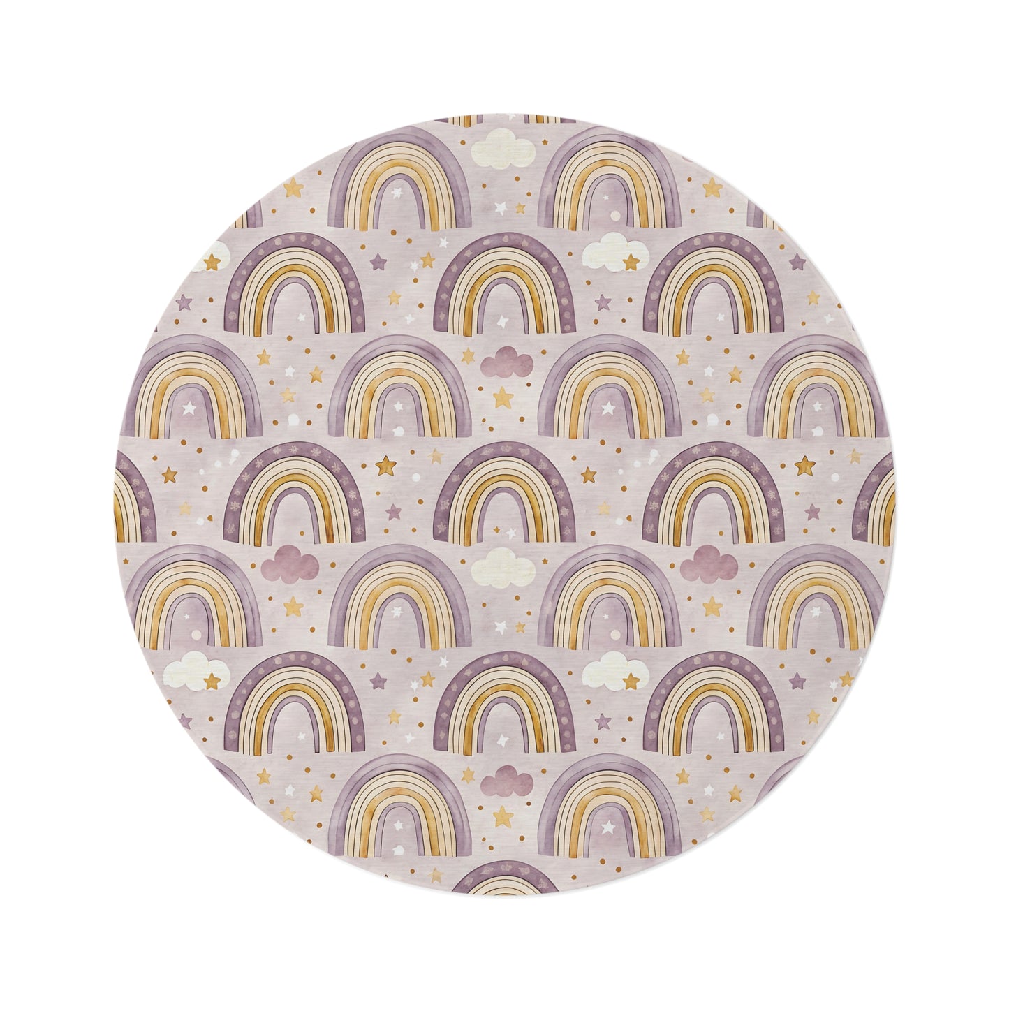 Amethyst Rainbows round nursery rug on a baby room floor