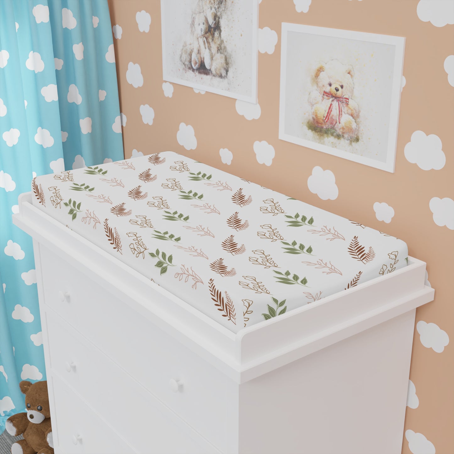 Boho Botanical changing pad cover fitted over a contoured pad