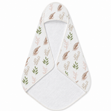 Boho Botanical hooded baby towel wrapped around a baby