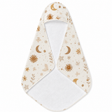Celestial Bloom hooded baby towel wrapped around a baby