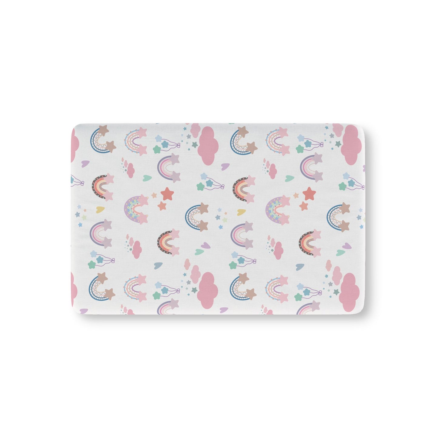 Confetti Rainbows fitted crib sheet on a nursery crib mattress