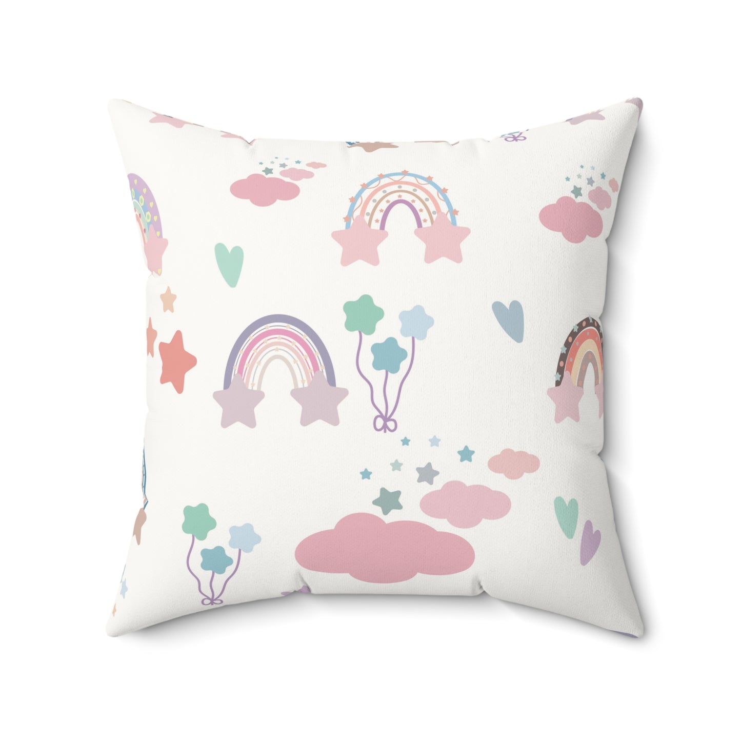 Faux suede pillow with rainbows, stars, hearts and balloons
