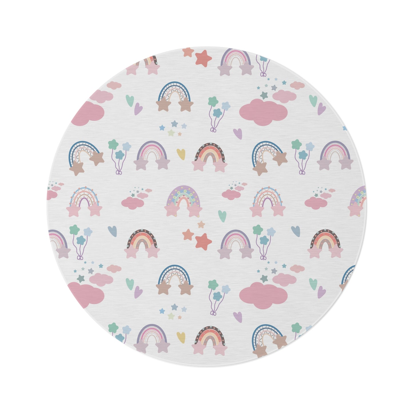 Confetti Rainbows round nursery rug on a baby room floor