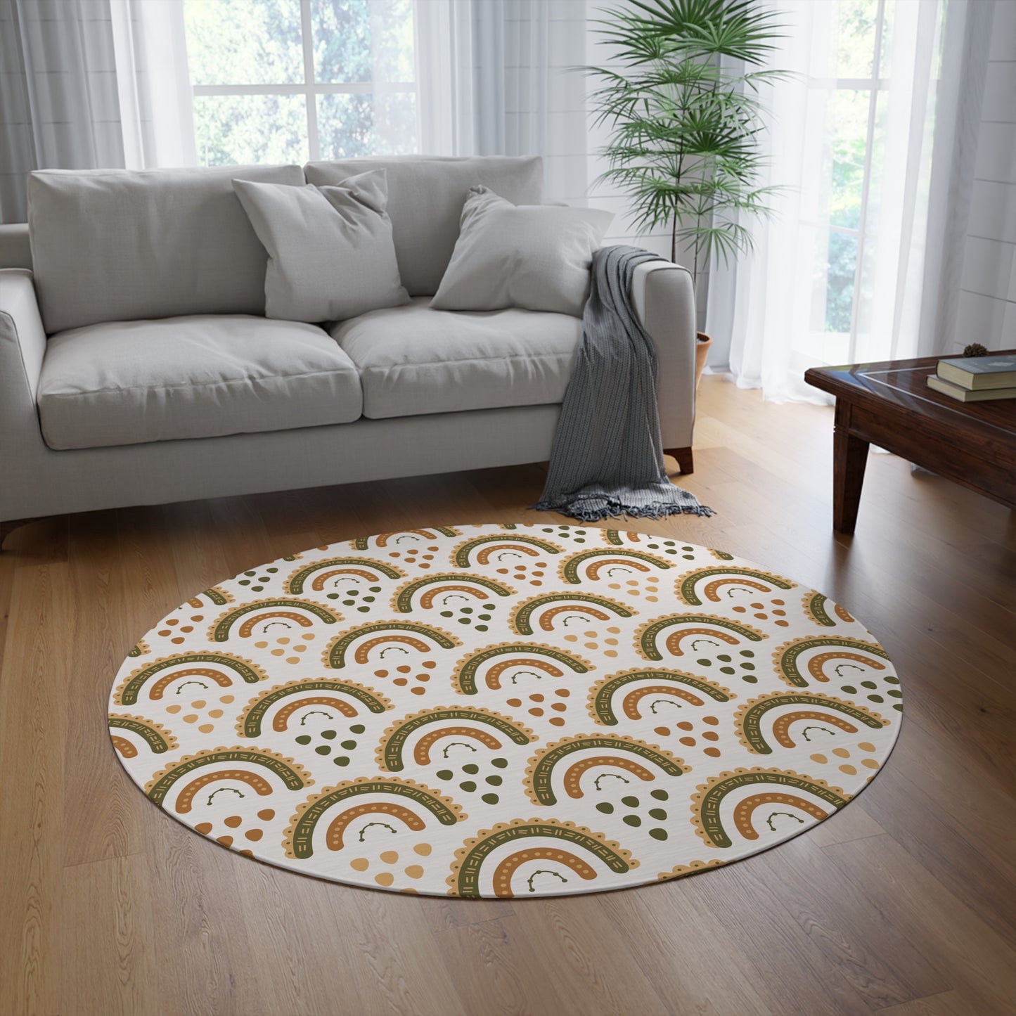 Desert Rainbow round rug, 60 inches across, in ochre and olive