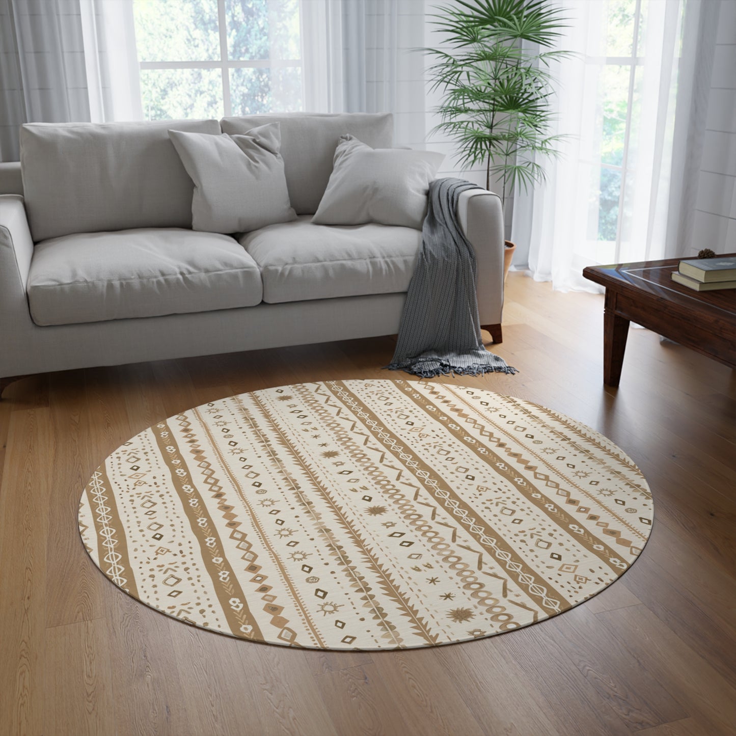 Desert Stripe round rug, 60 inches across, in camel and cream