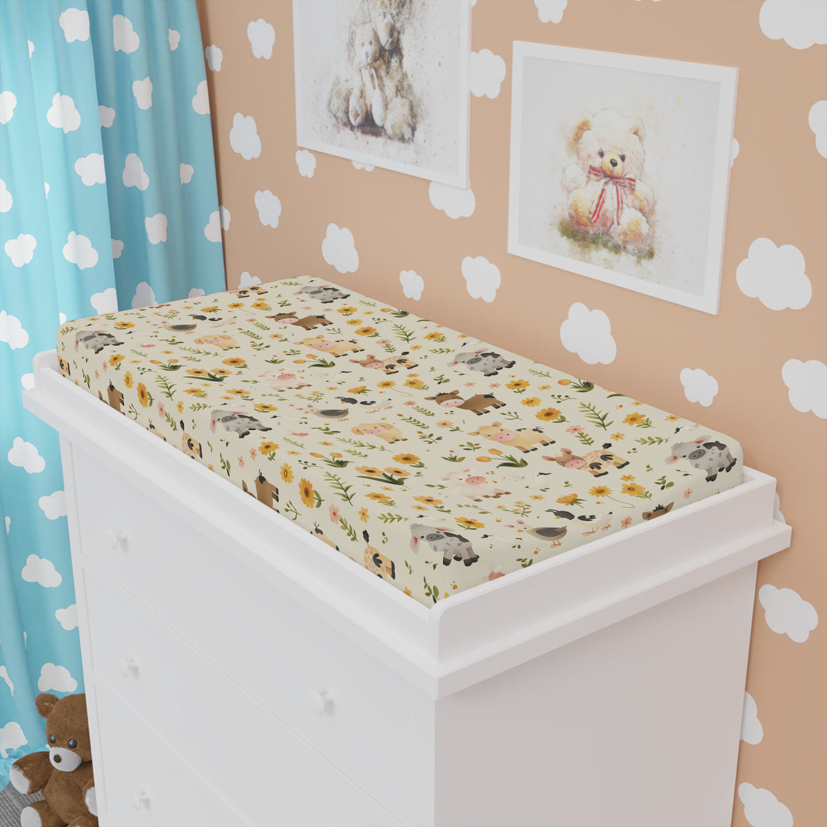Farm animal changing pad cover matching the crib sheet