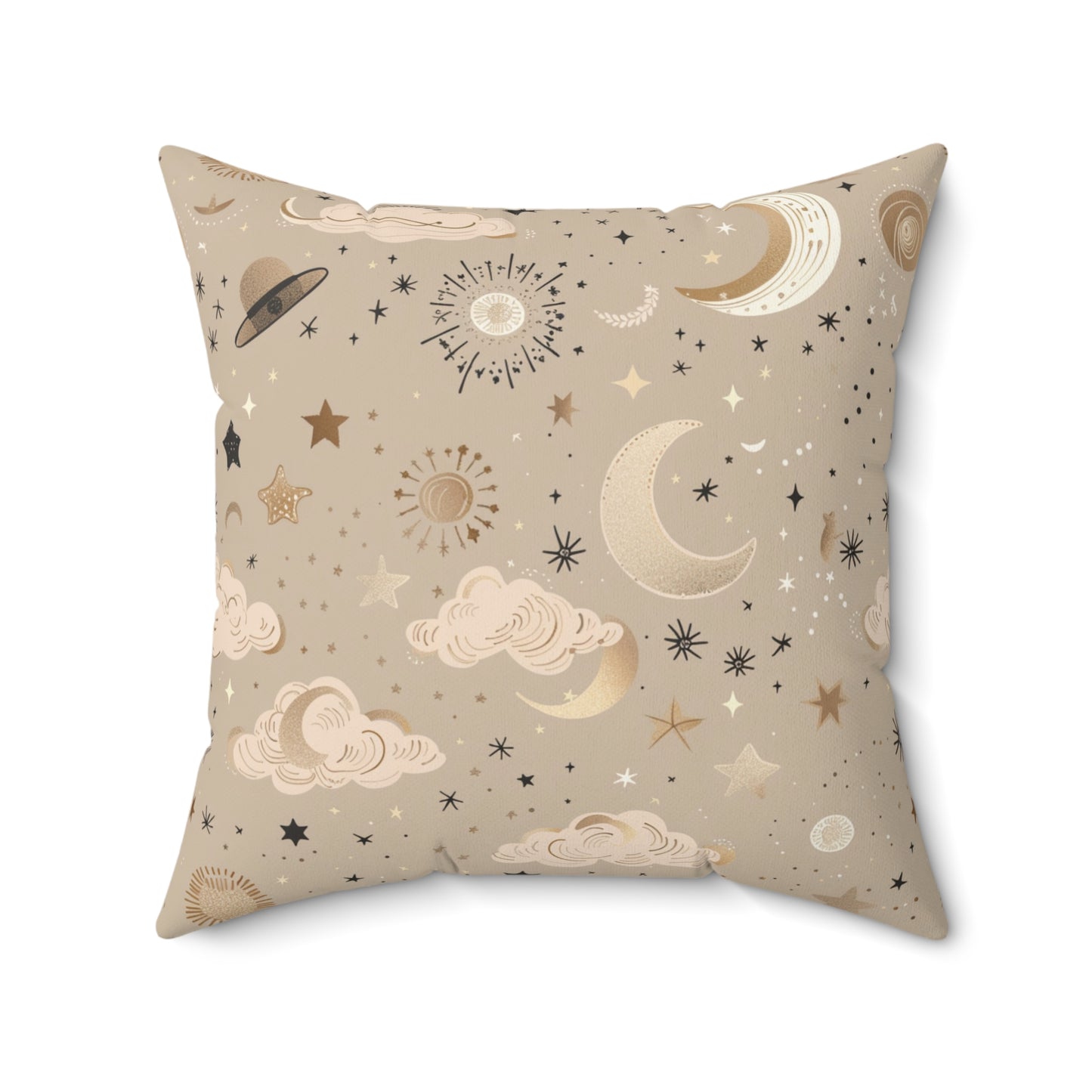 Faux suede pillow with crescent moons and ringed planets