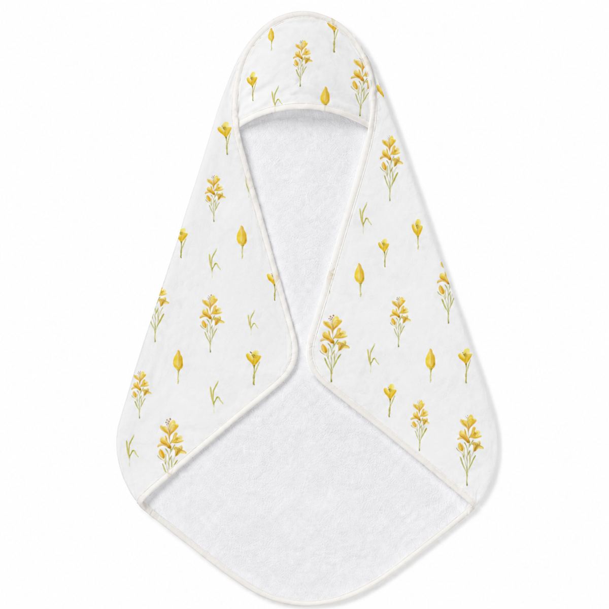 Golden Meadow hooded baby towel wrapped around a baby