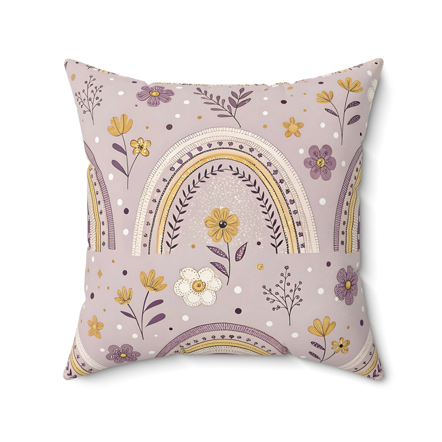 Faux suede pillow with banded arches and yellow wildflowers