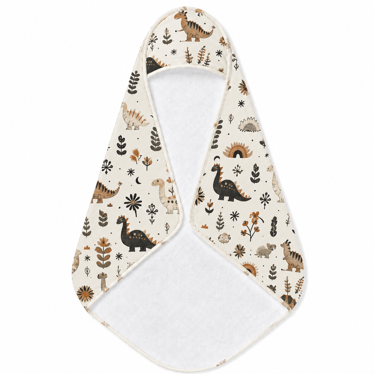 Meadow Dinosaurs hooded baby towel wrapped around a baby
