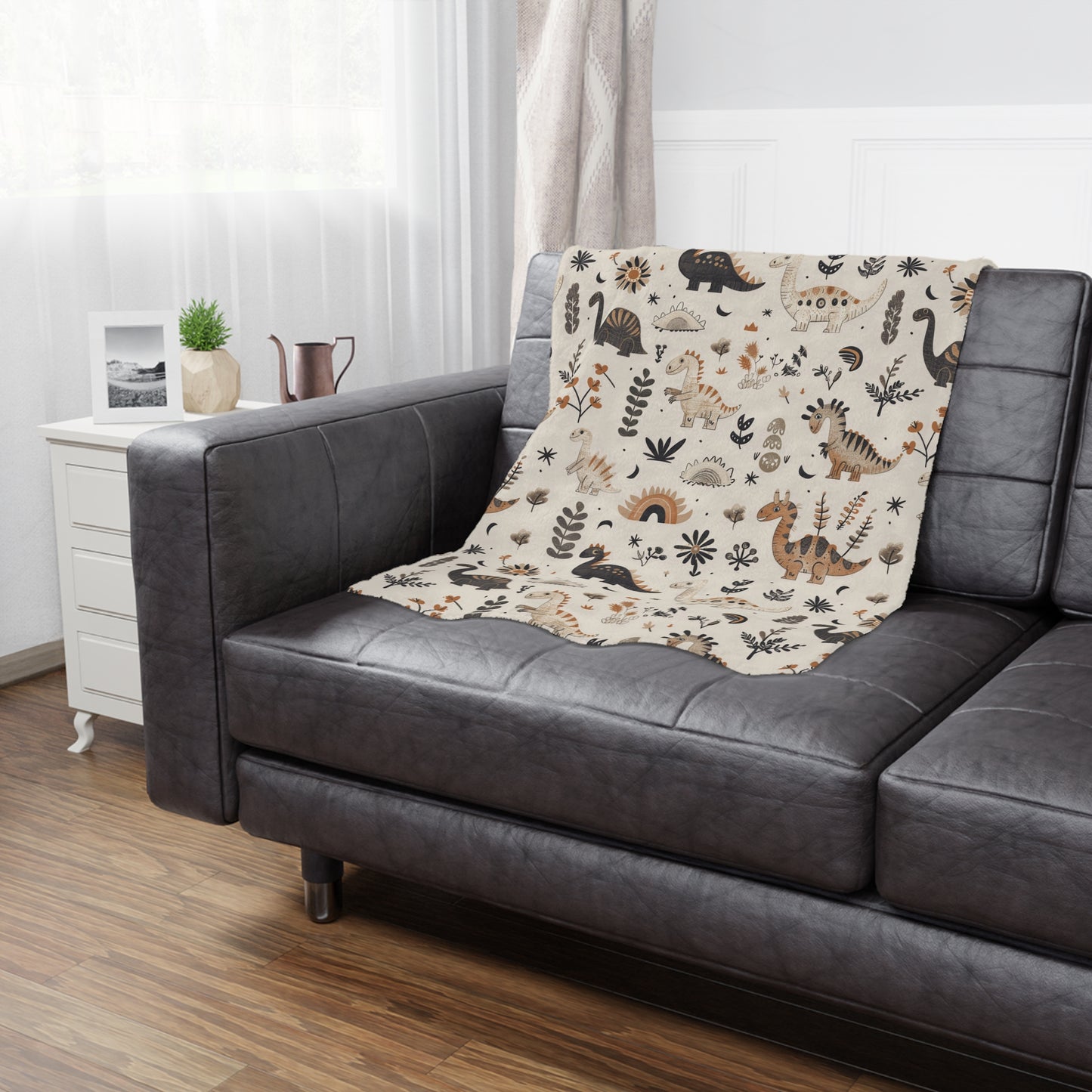 Meadow Dinosaurs minky blanket showing the soft raised reverse