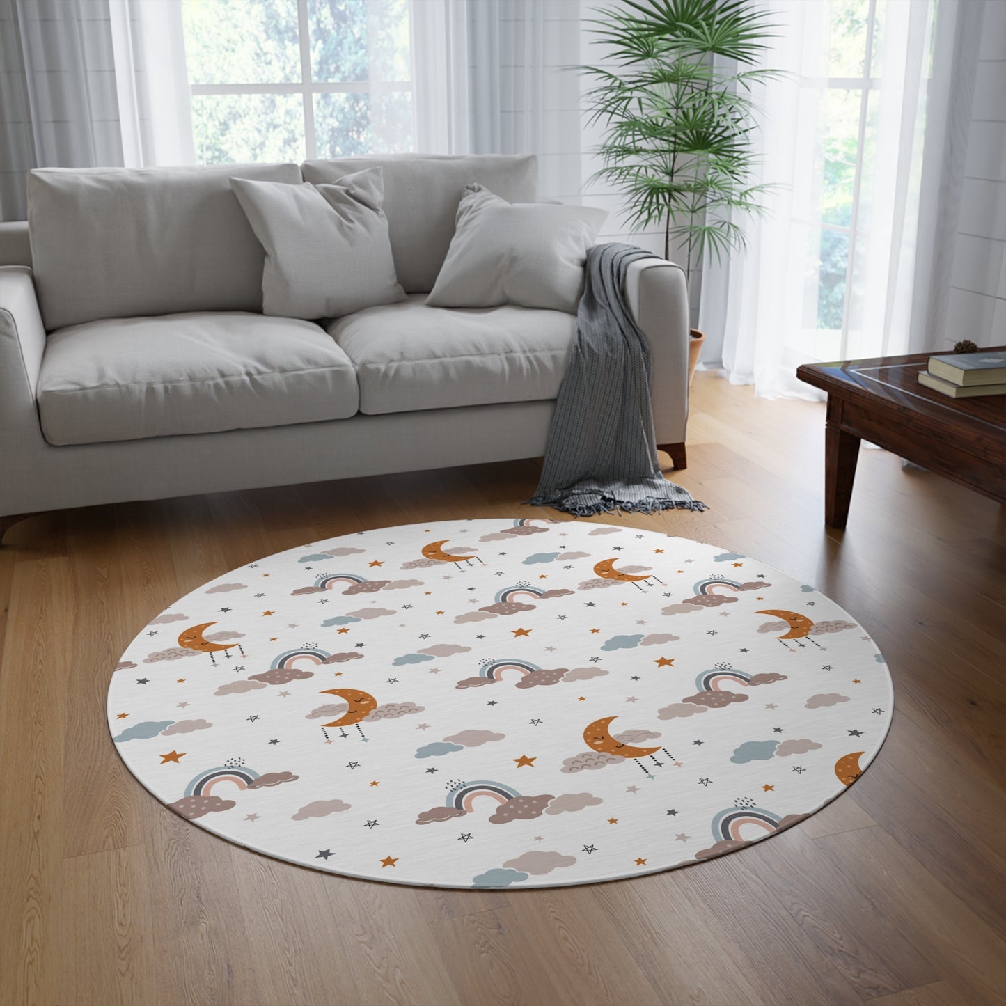 Moonlit Dreams round rug, 60 inches across, in ochre and grey