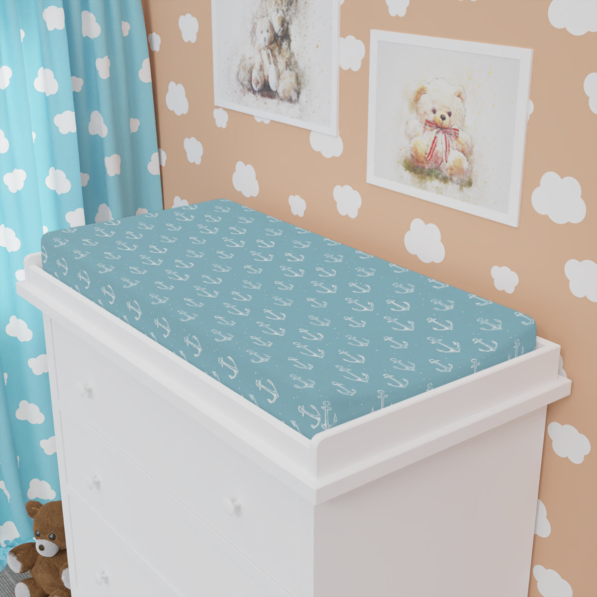 Nautical changing pad cover styled in a coastal nursery