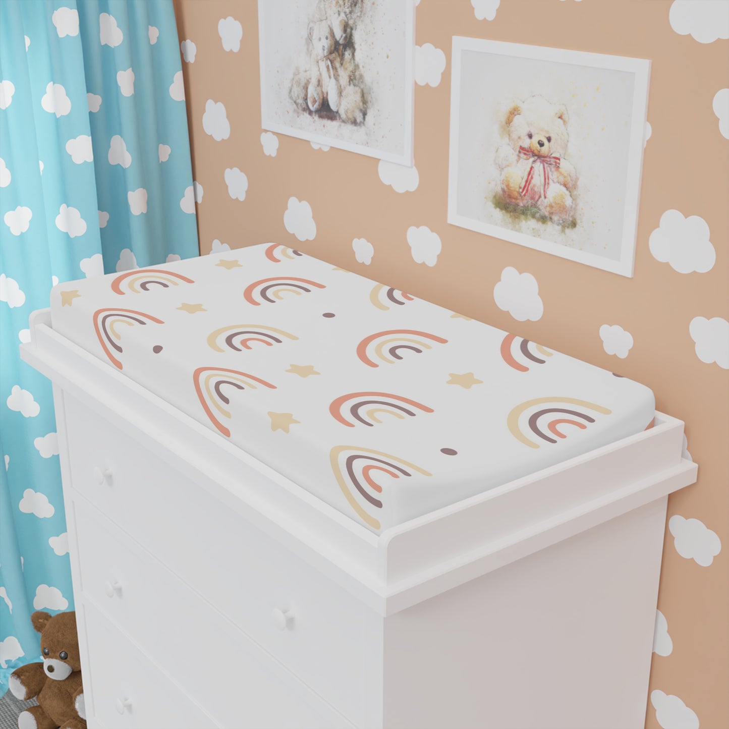 Peach Rainbow changing pad cover fitted over a contoured pad