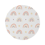 Peach Rainbow round nursery rug on a baby room floor