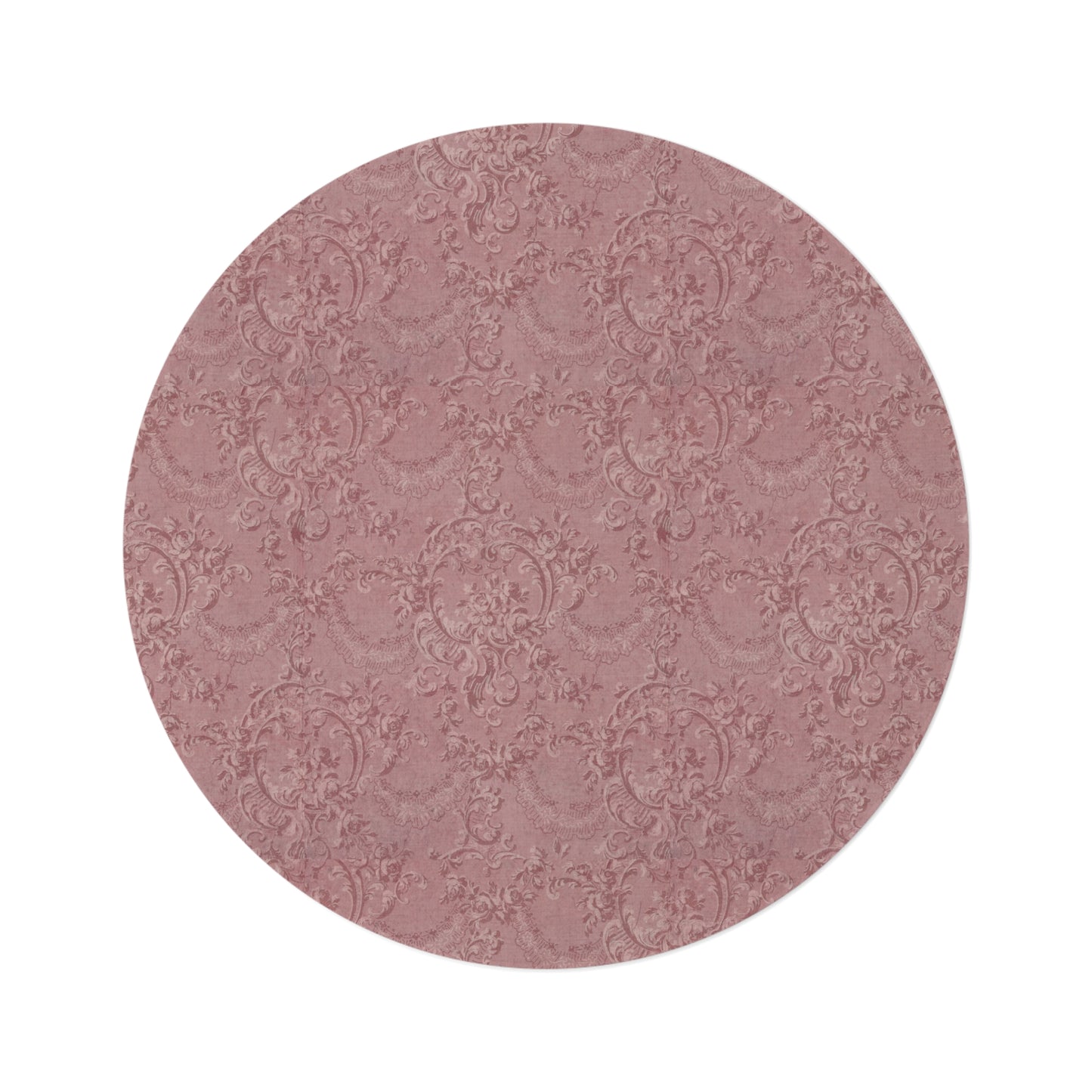 Rose Damask round nursery rug on a baby room floor