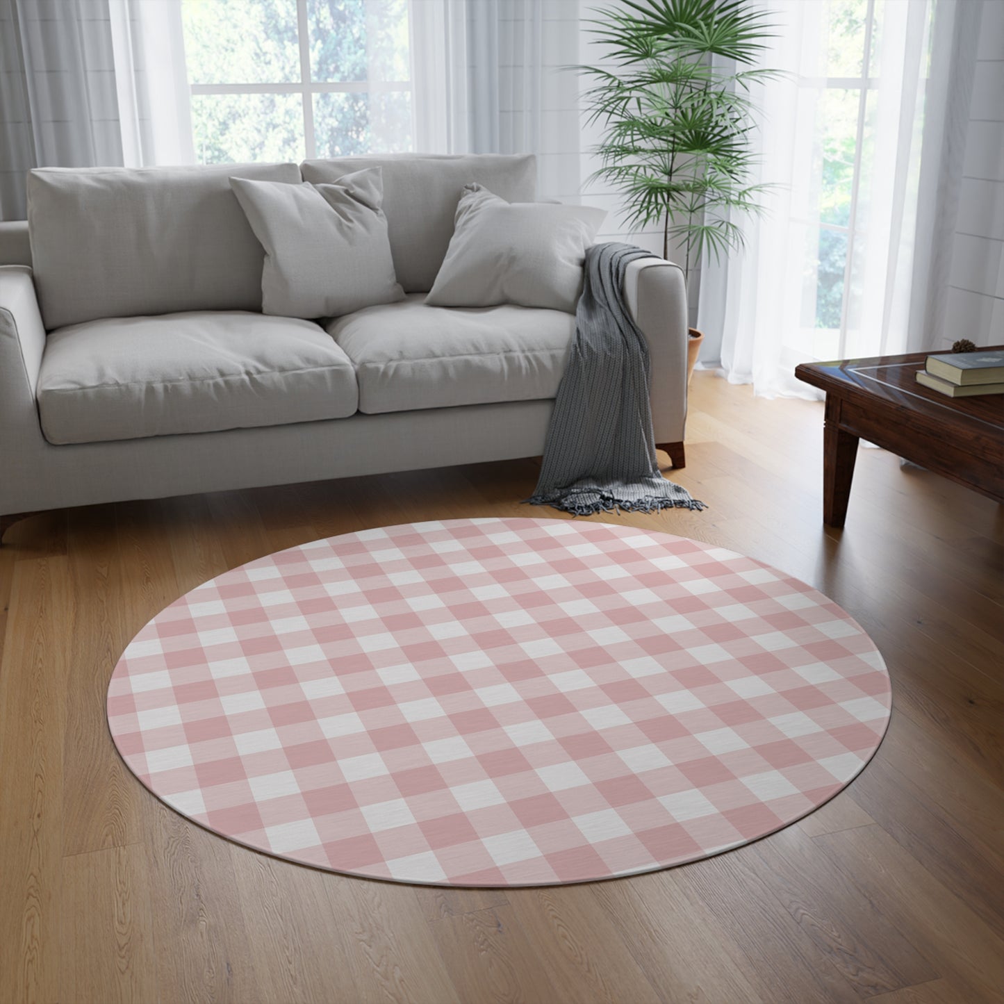Close detail of the Rose Gingham check on the round rug