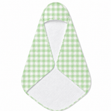 Sage Gingham hooded baby towel wrapped around a baby
