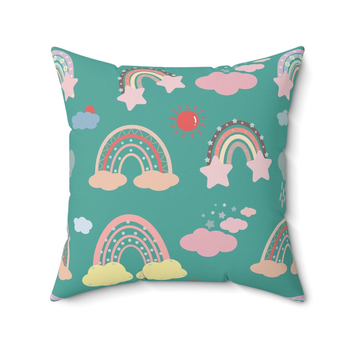 Faux suede pillow with rainbows, clouds and a red sun