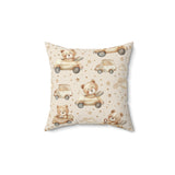 Teddy Roadtrip decorative nursery pillow on a glider chair