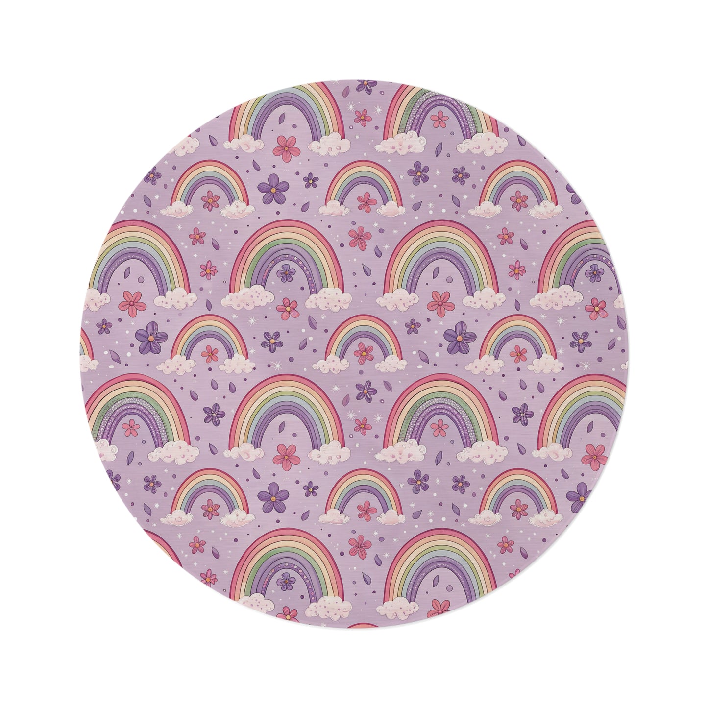 Violet Sky Rainbows round nursery rug on a baby room floor