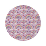 Violet Sky Rainbows round nursery rug on a baby room floor