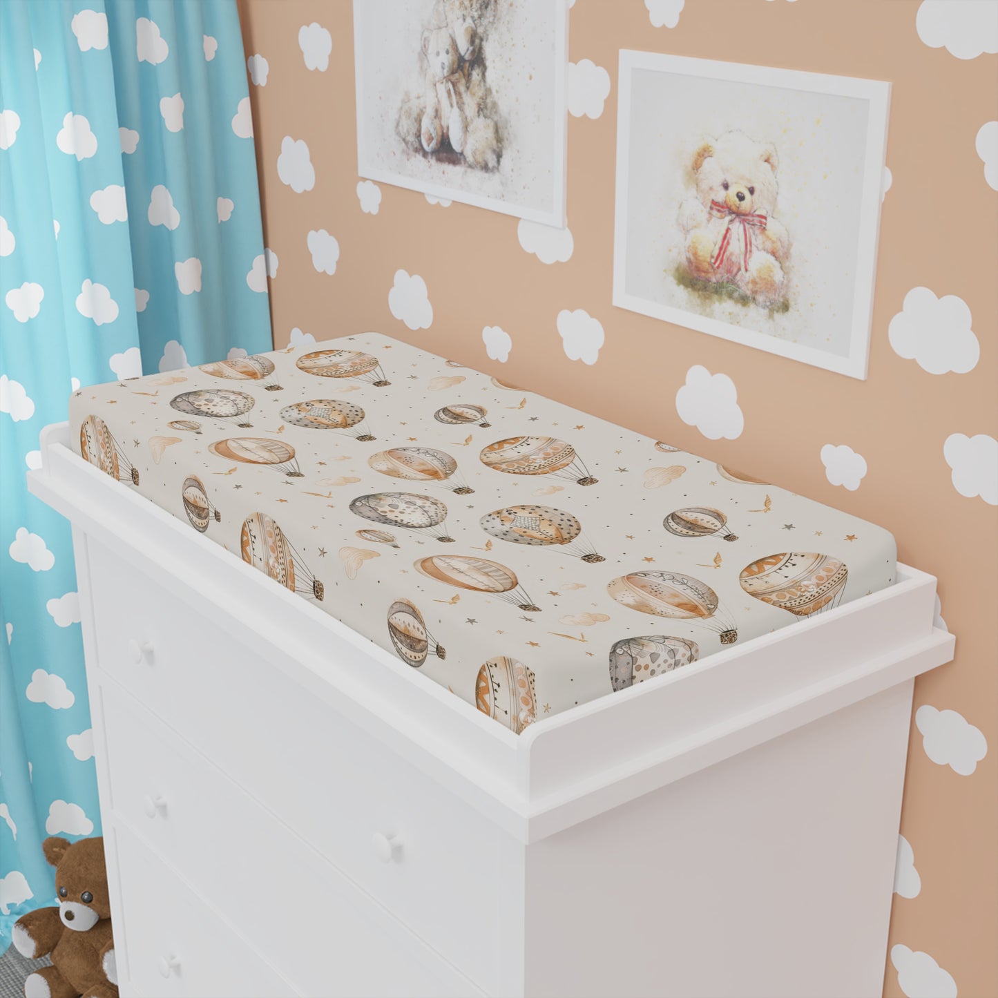 Wandering Balloons changing pad cover fitted over a contoured pad