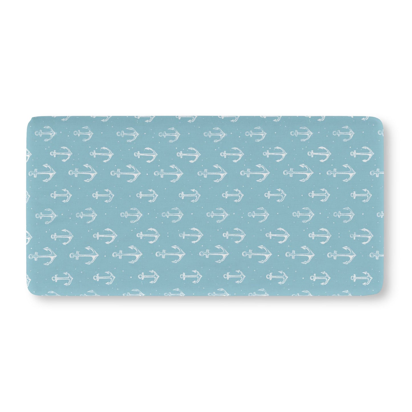 Teal anchor crib sheet showing the fitted elasticated corner