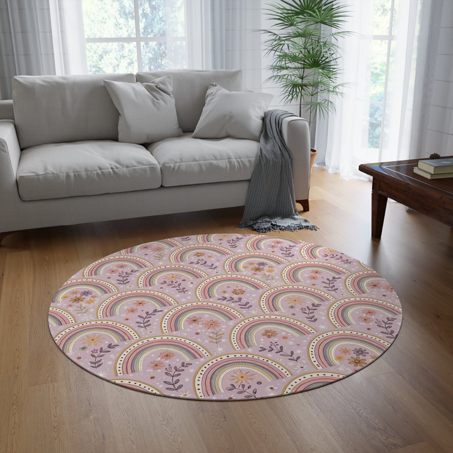 P45 - Round Rug - Pink/Purple Floral Rainbow