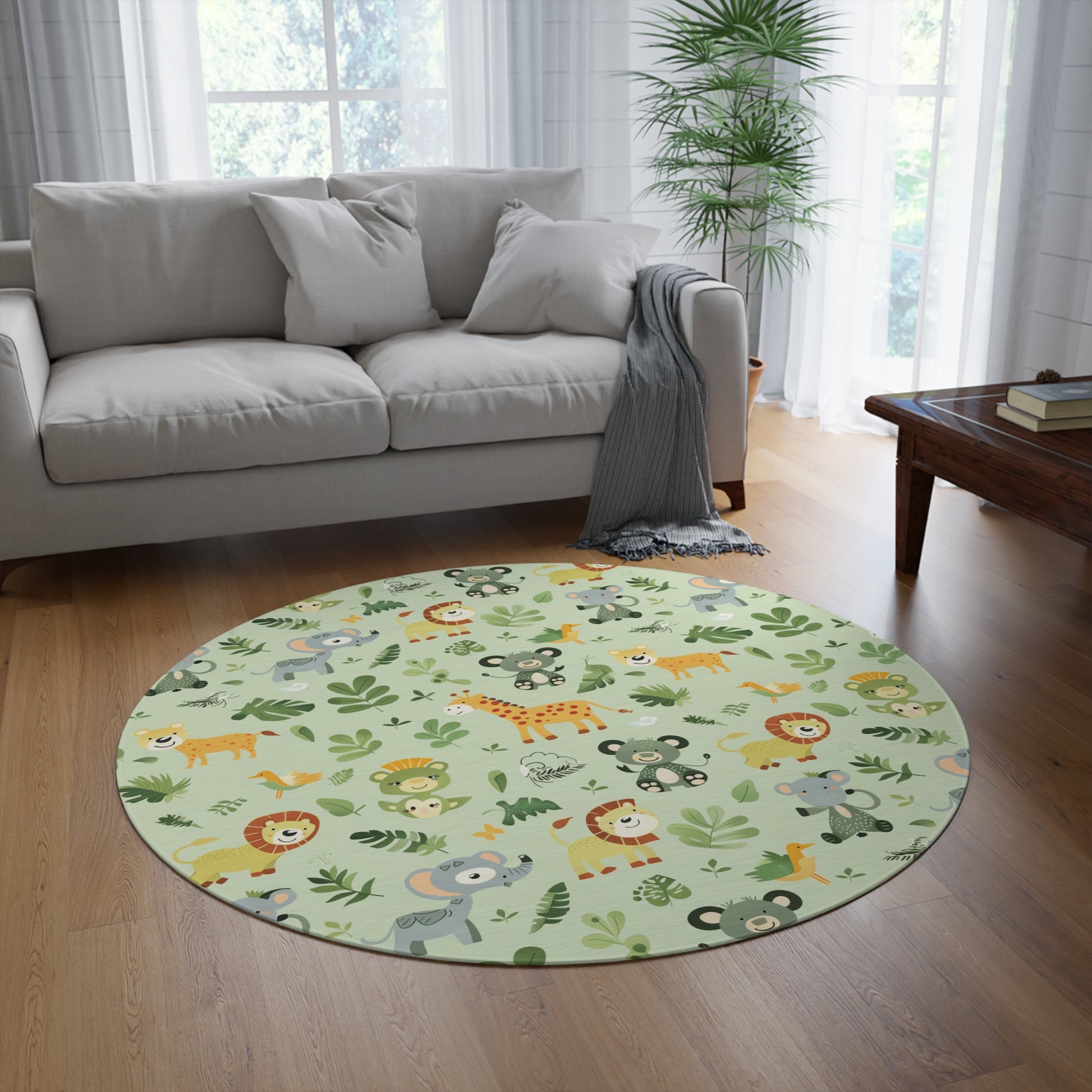 Jungle animal round rug styled under a nursery crib