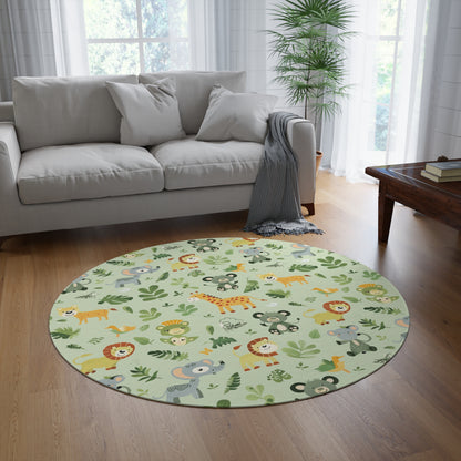 Jungle animal round rug styled under a nursery crib