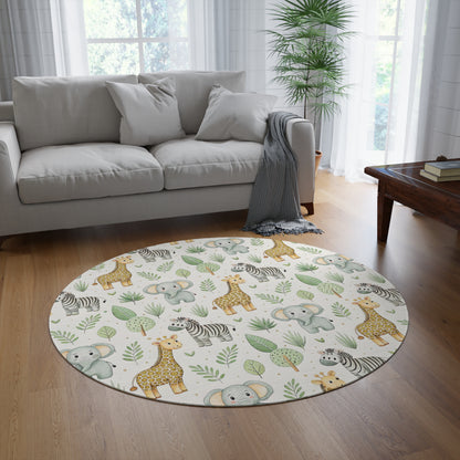 Safari animal round rug styled under a nursery crib