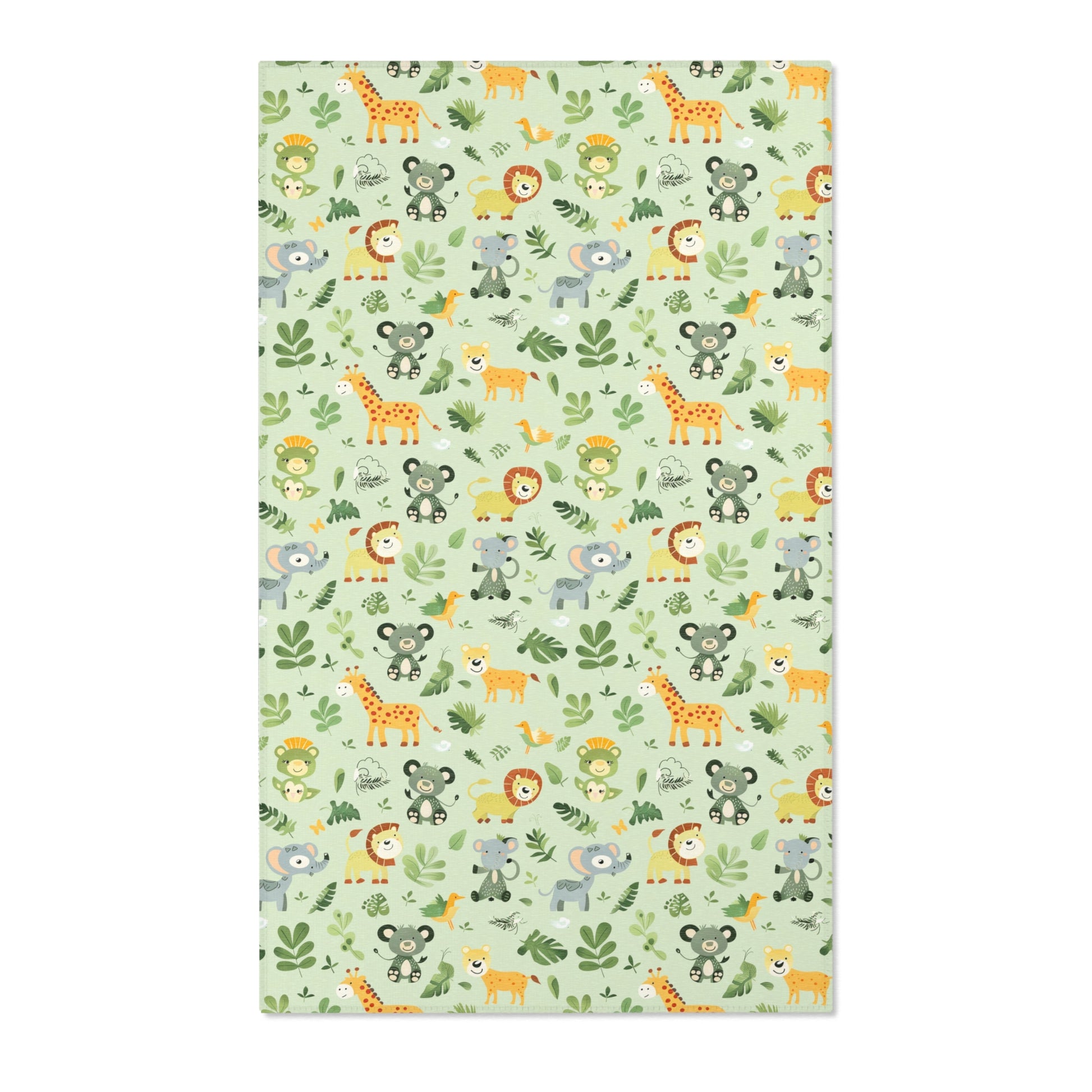 Rectangular jungle animal nursery rug shown from above