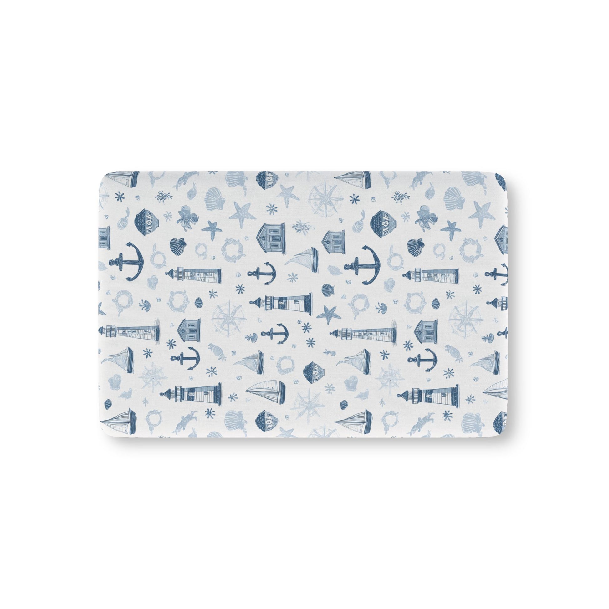 Nautical fitted crib sheet with lighthouses and anchors in navy