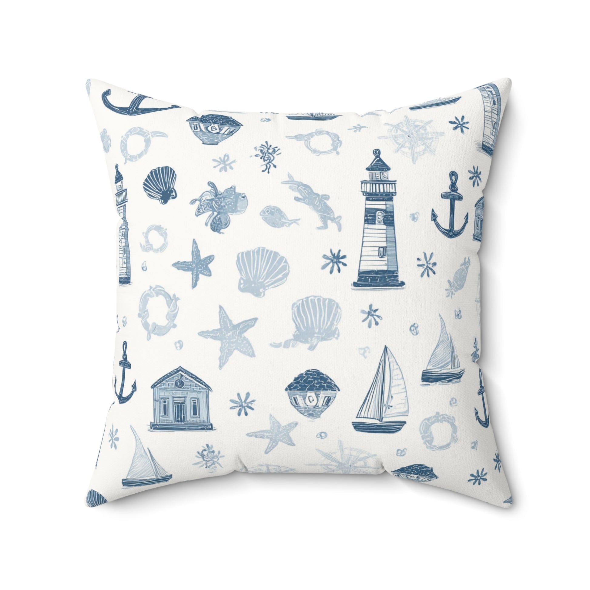Nautical print nursery pillow in a reading corner