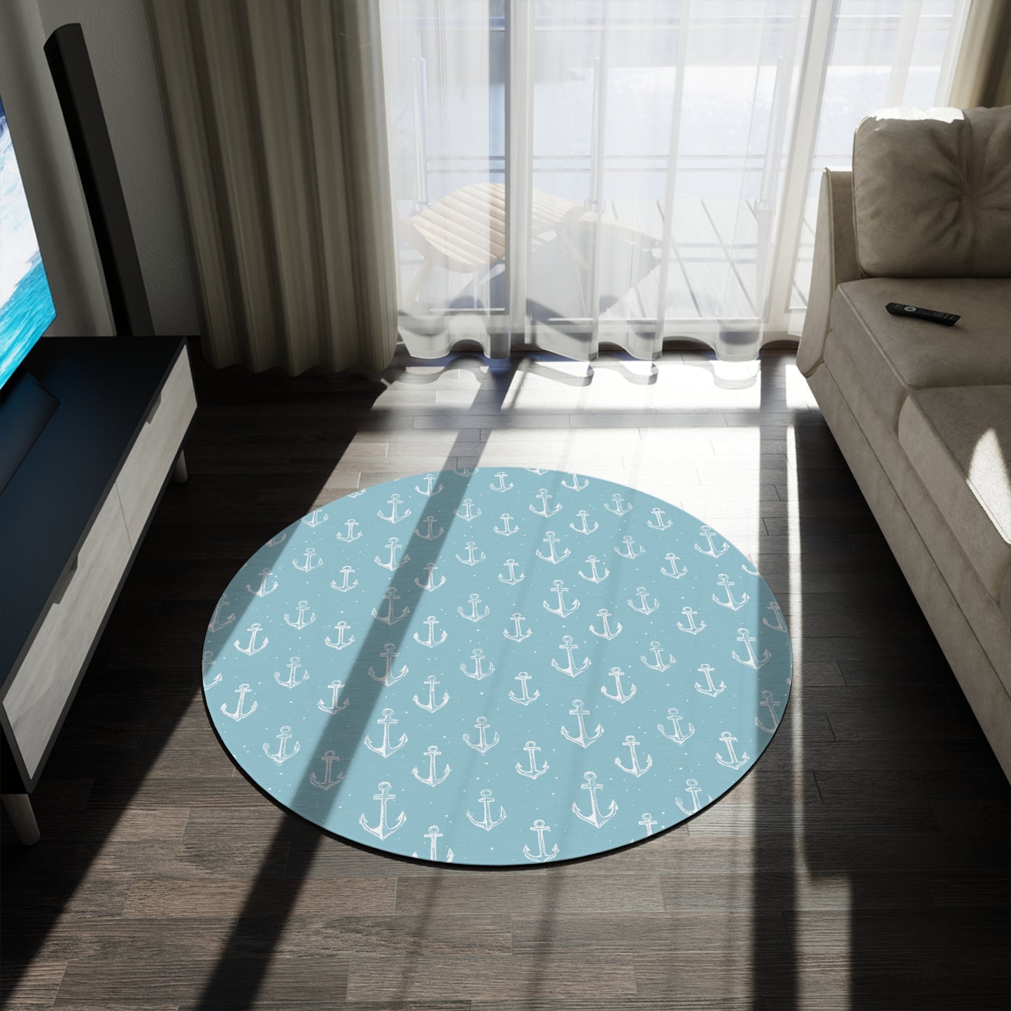 Close-up of the anchor print on a round nursery rug