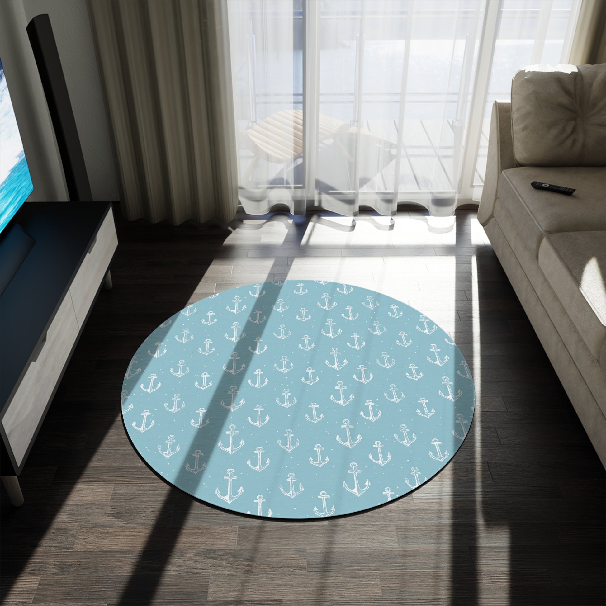 Close-up of the anchor print on a round nursery rug