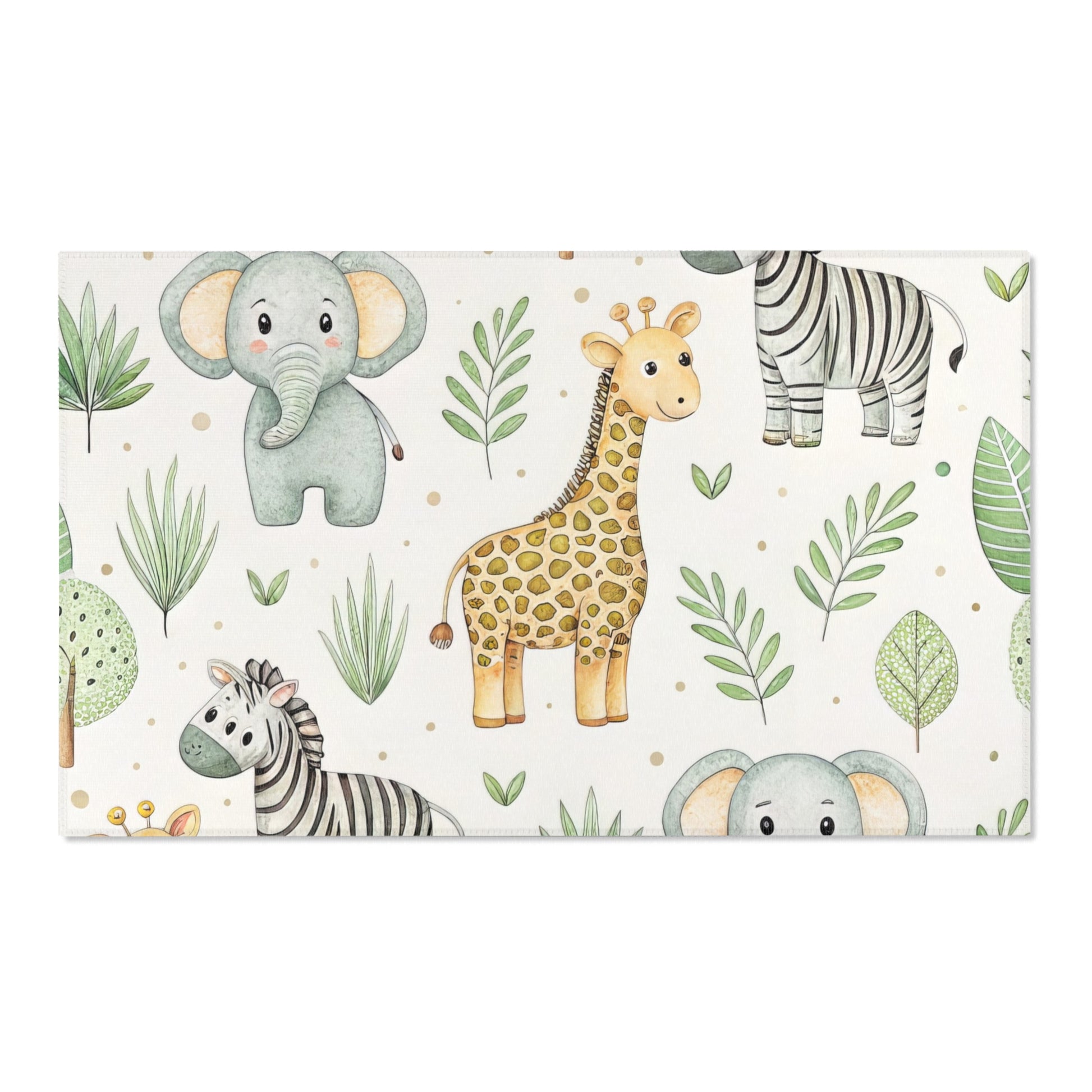 Safari print area rug defining a nursery play area