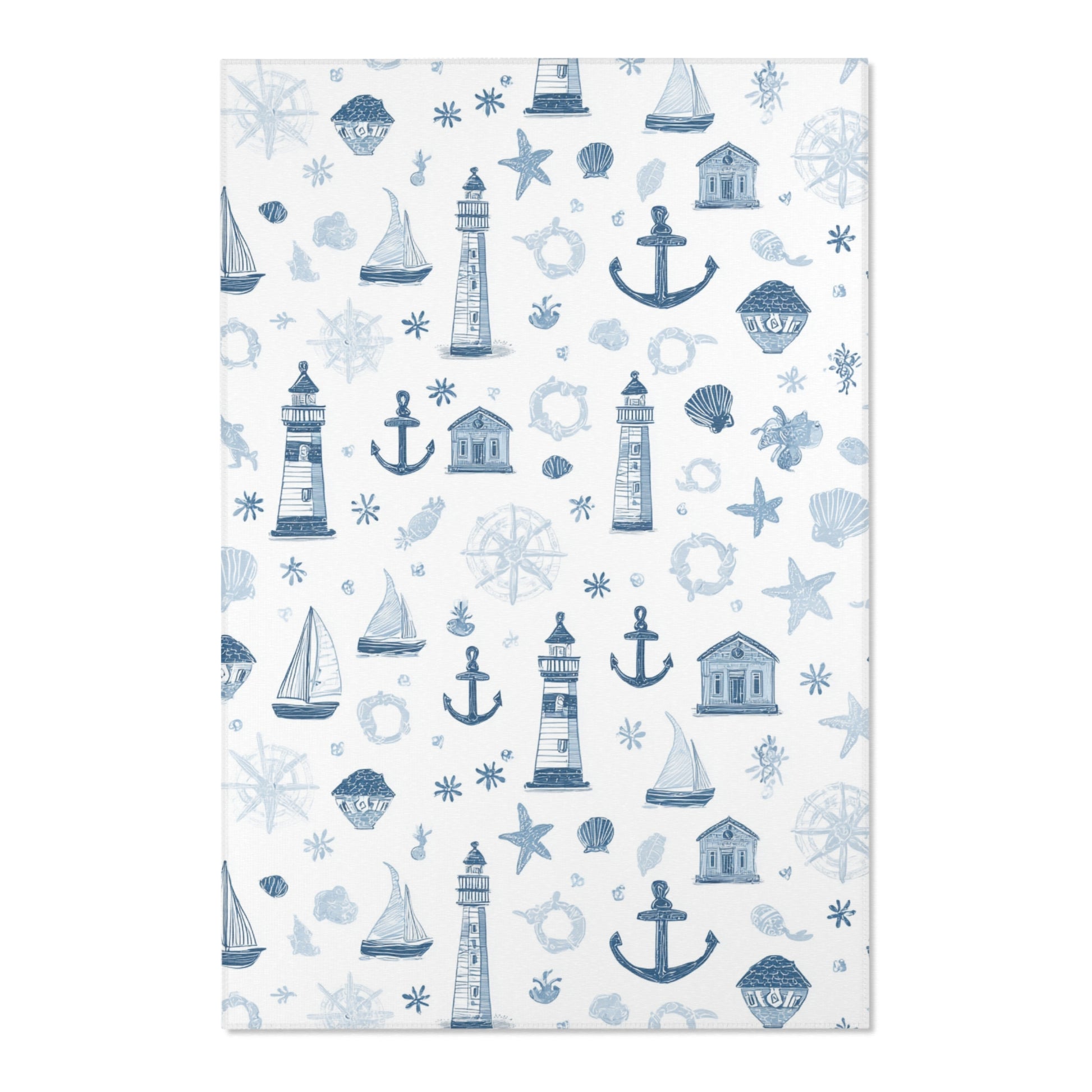 Close-up of the sketched nautical print on a nursery rug