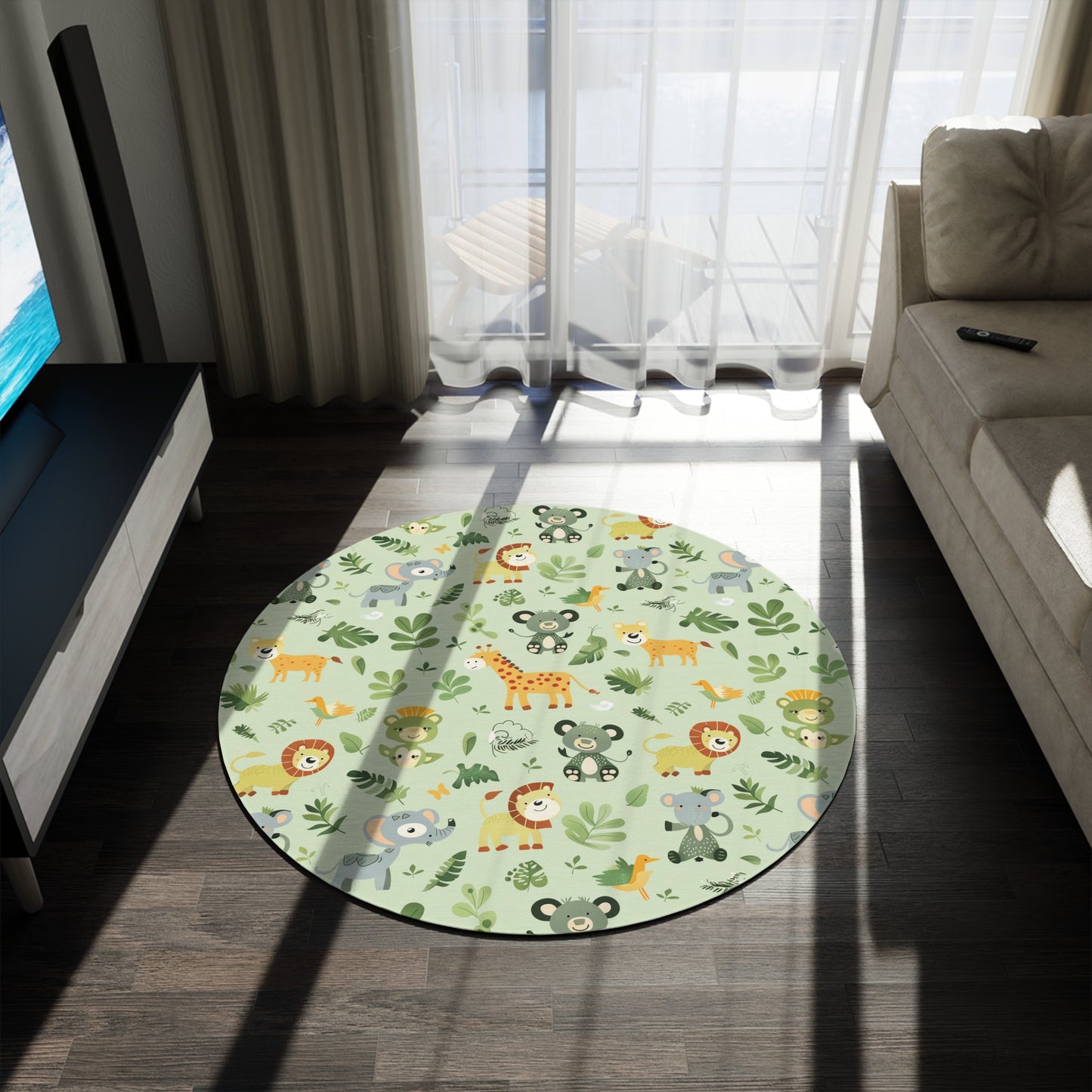 Close-up of the jungle animal print on a round nursery rug