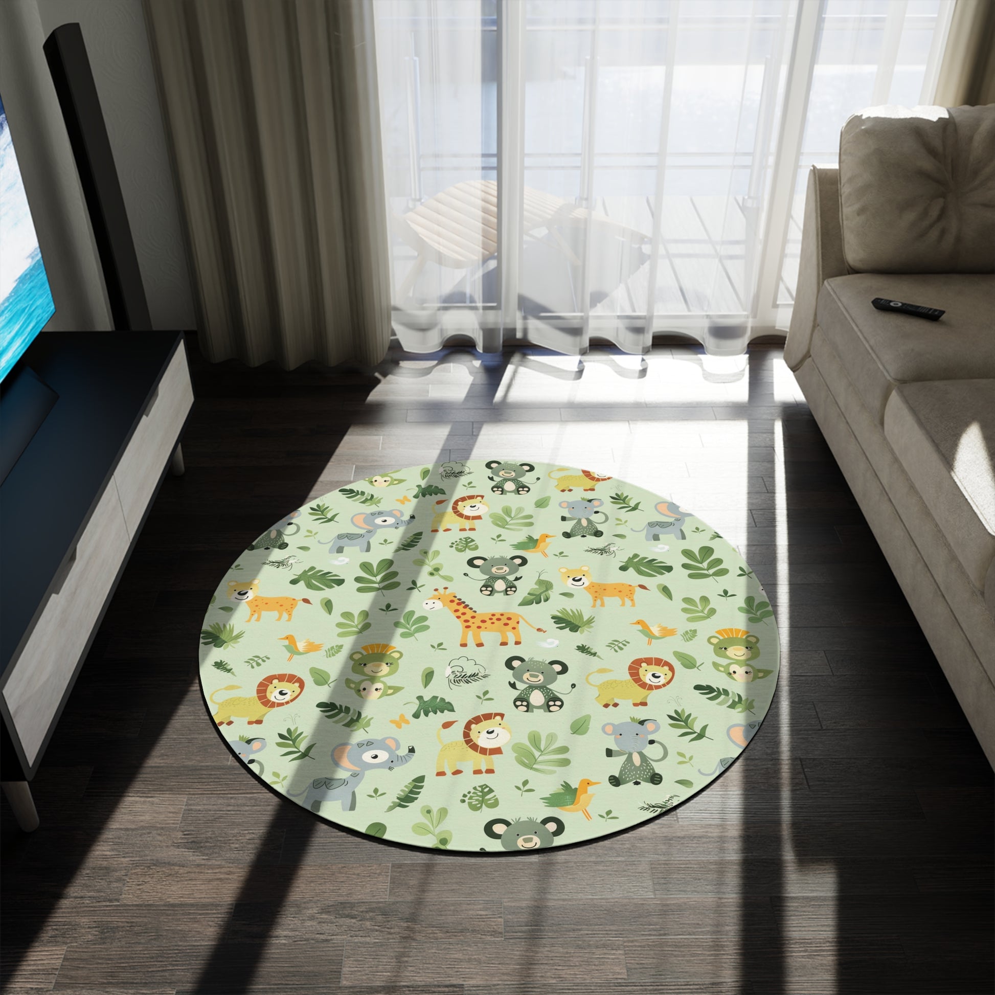 Close-up of the jungle animal print on a round nursery rug