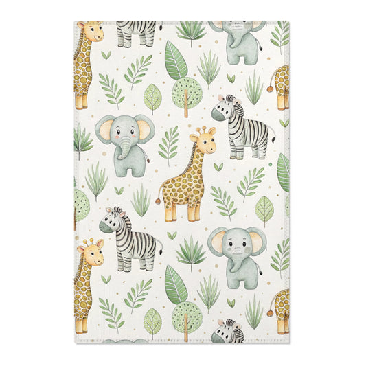 Safari animal nursery area rug in a gender neutral baby room