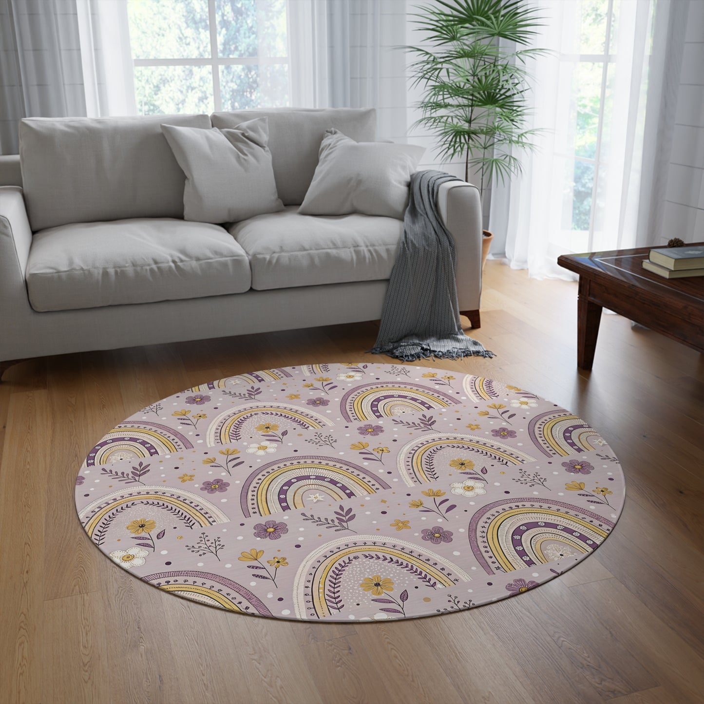 P44 - Round Rug - Purple Floral Rainbow