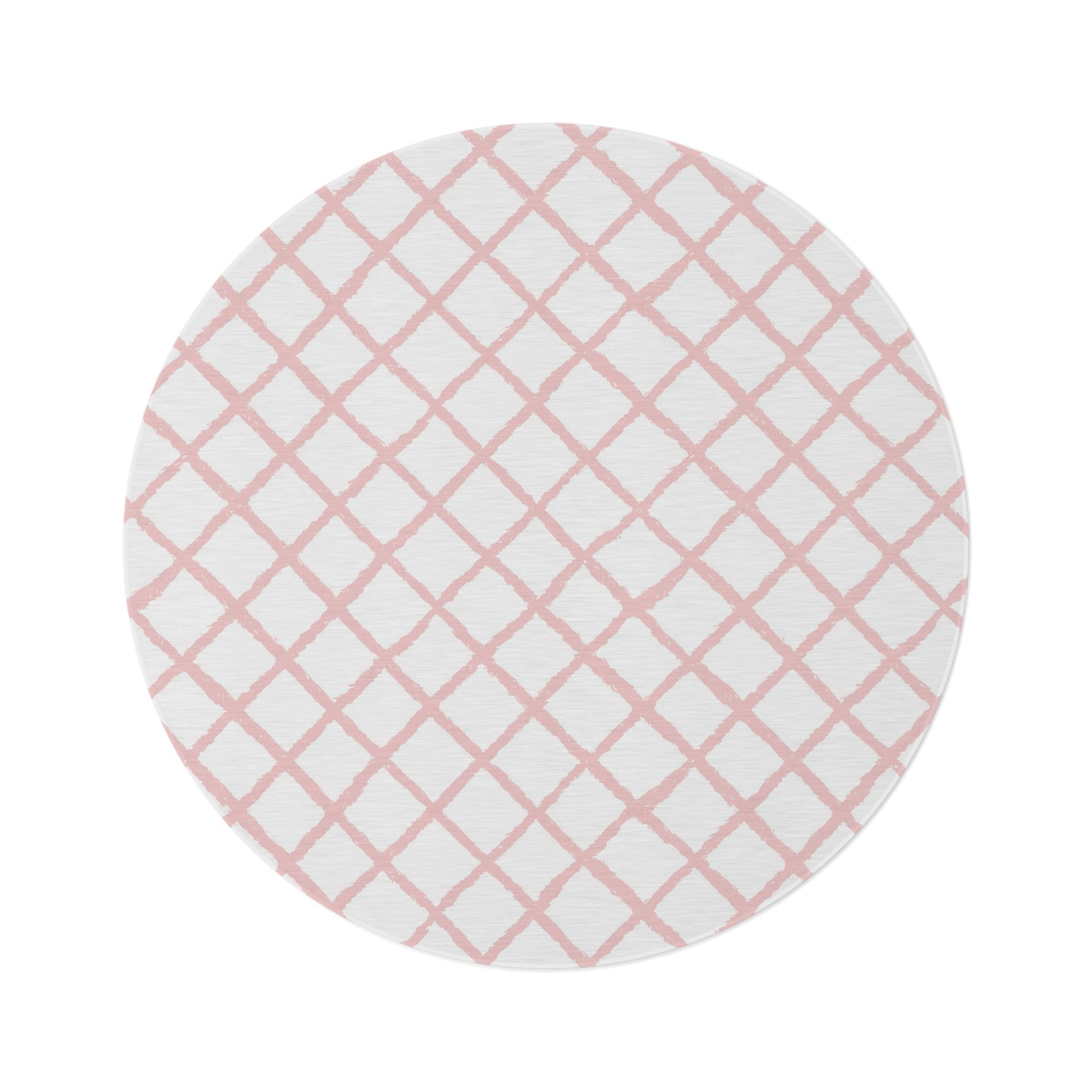 Pink trellis round nursery rug on a baby girl's bedroom floor