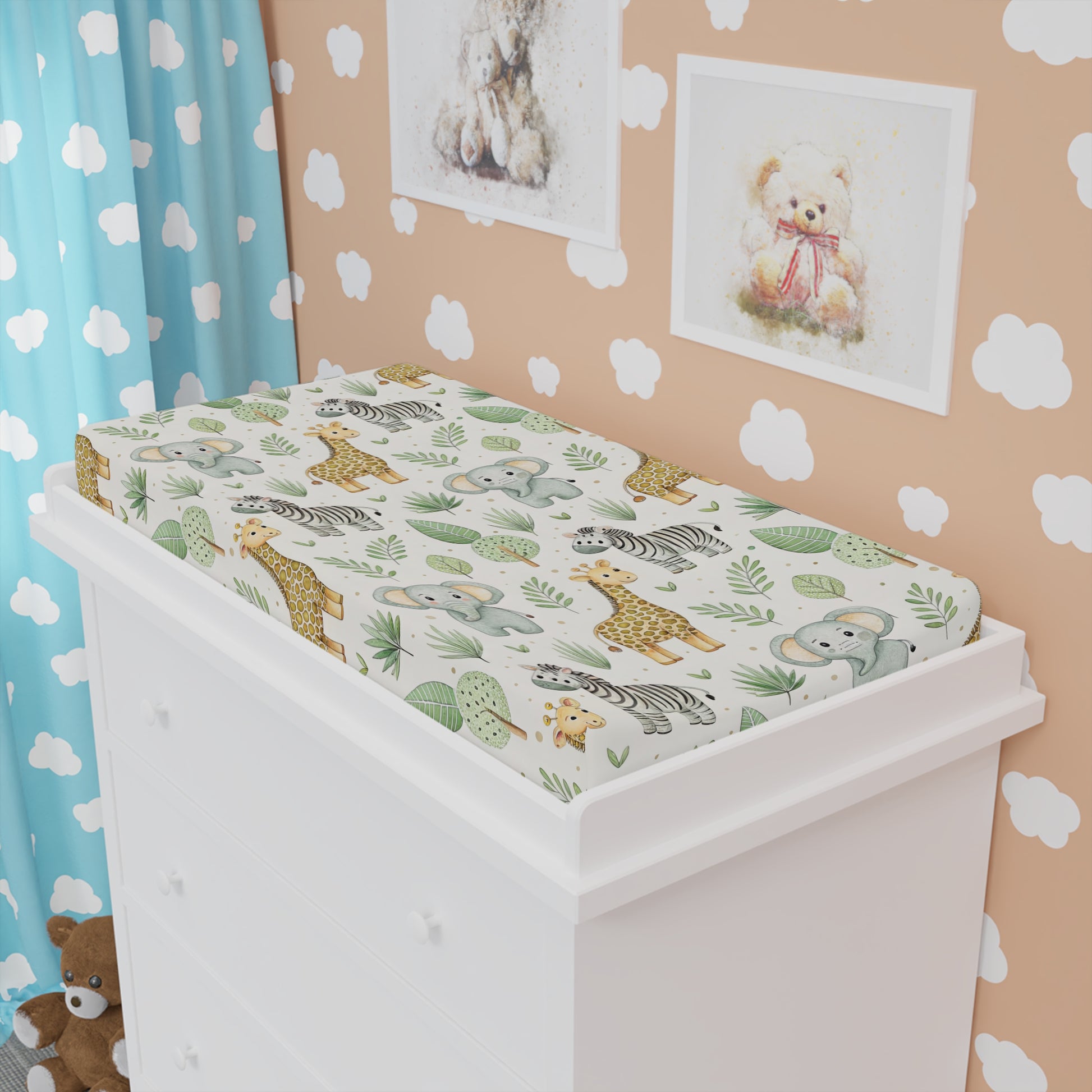Safari changing pad cover styled in a gender neutral nursery