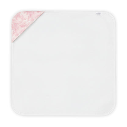 Soft pink cloud print hooded baby bath towel laid flat