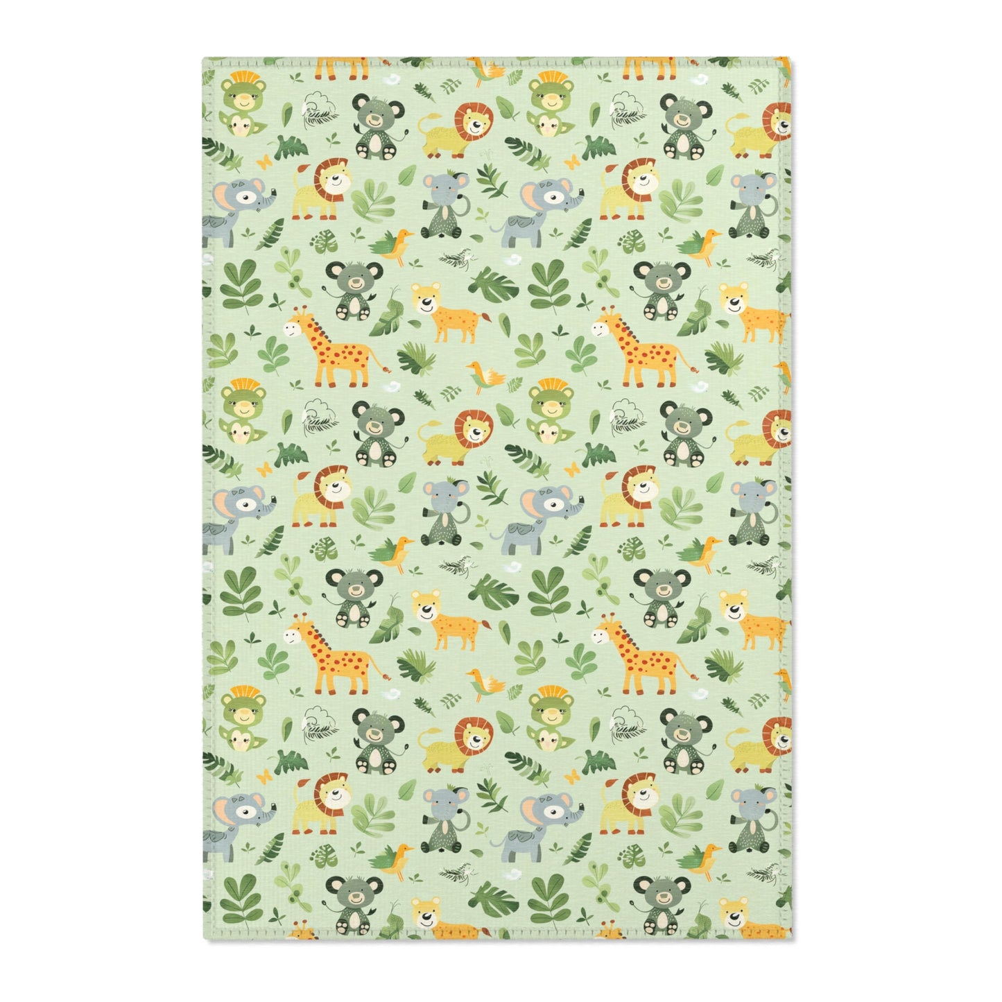 Jungle animal nursery area rug in a sage green baby room