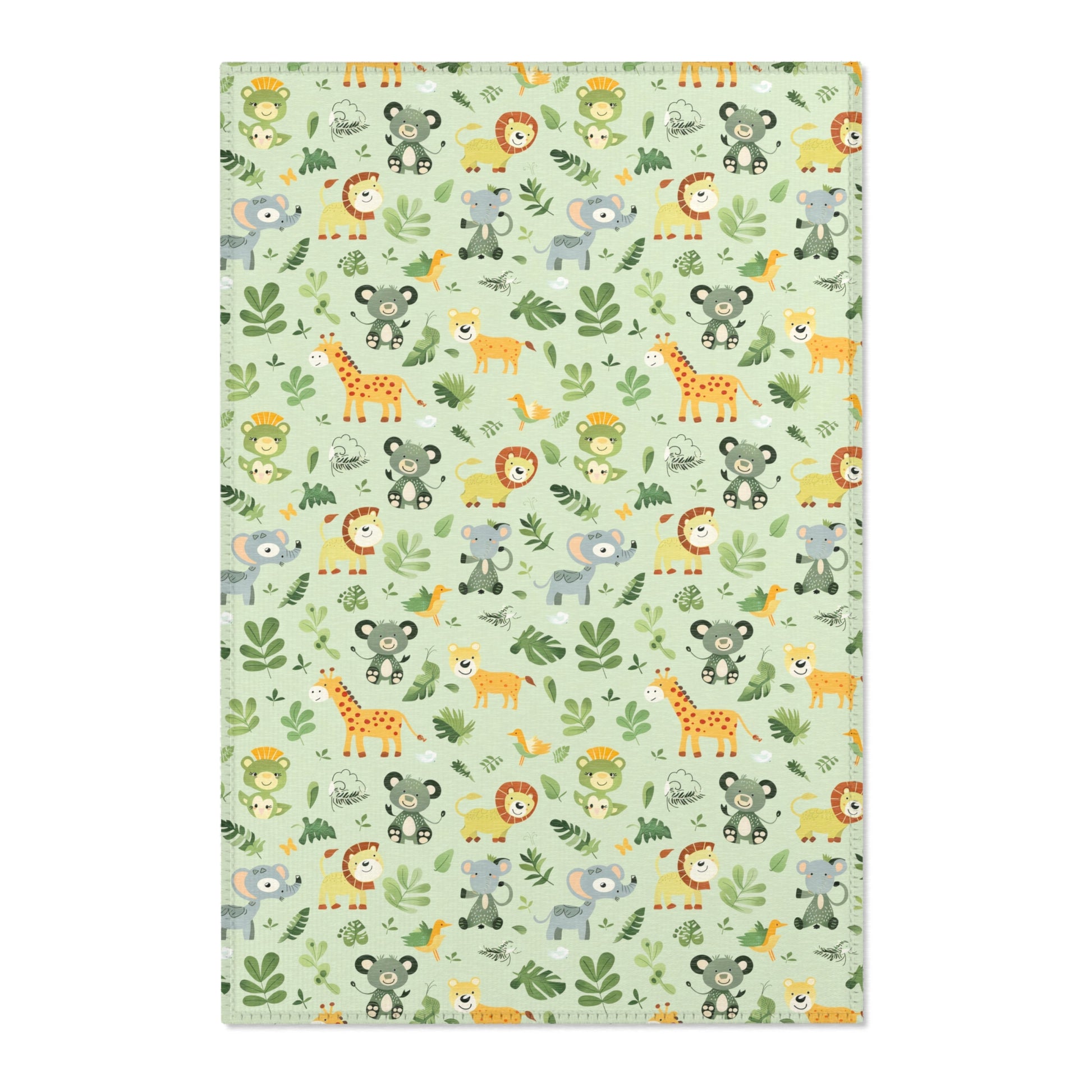 Jungle animal nursery area rug in a sage green baby room